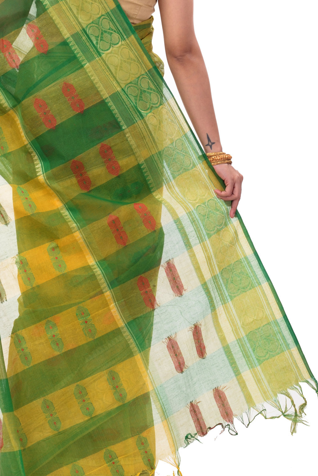Yellow Green Pure Cotton Raj Nandi Desigine Tant Saree (2832)